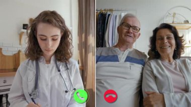 Bir tıp uzmanı, yaşlı bir çiftle sanal konsültasyonda konuşuyor. Evde rahatça otururken sağlık sorunları ve tedavi seçeneklerini tartışırlar..