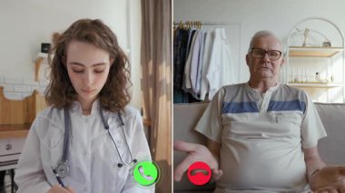 Bir doktor ve bir hasta bir video görüşmesiyle çevrimiçi bir konsültasyona giriyorlar. Hasta özenli görünürken doktor beyaz önlük giyer. Bu sanal toplantı sağlık hizmetlerine odaklanıyor.