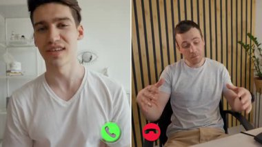 İki kişi çevrimiçi bir görüşme yapıyor, konuştukları sırada duygularını dile getiriyorlar. Ayarlar dijital ortamdan fiziksel varlığa geçerek, bağlantılarını ve duygularını vurguluyor.