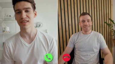 İki birey, çeşitli duyguları ifade etmek için çevrimiçi bir görüşme yapıyorlar. Etkileşimleri çevrimiçi ortamdan çevrimdışı ortama geçişi gösteriyor, bağlantıları ve duyguları vurguluyor.