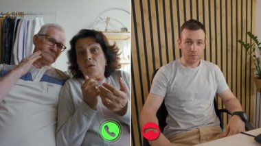 Çevrimiçi bir çağrıya katılan iki kişi, konuşmayla bağlantılı duygularını sergiliyor.