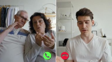 İki kişi genç bir bireyle çevrimiçi bir çağrı yoluyla bağlantı kurar, ekranlarından gerçek hayatla etkileşime geçerken duygularını gösterir, nesiller arası farklılıkları yansıtır..