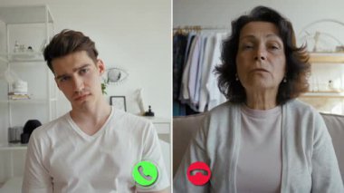 İki birey, konuşmaları sırasında duyguları yönlendirmek için çevrimiçi bir görüşme yapıyorlar. Dijital ve kişisel etkileşimler arasındaki geçiş iletişimin karmaşıklığını vurgular.