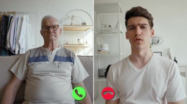 İki birey, konuşma boyunca çeşitli duygular ifade ederek çevrimiçi bir görüşme gerçekleştiriyor..