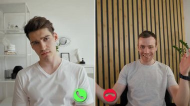 İki insan duygusal durumlarını göstermek için çevrimiçi bir görüşme yapıyor. Çerçeve onları ayırıyor, konuşma sırasında ifadelerini ve tepkilerini vurguluyor..