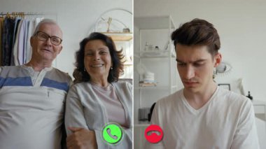 Çevrimiçi bir aramada iki kişi beliriyor, samimiyet ve bağlantı gösteriyorlar. Ekran bölünmüş durumda, sağ tarafta daha genç bir birey değişim sırasında duygulara vurgu yapıyor..