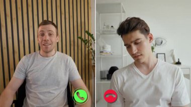 İki insan sanal hayattan gerçek hayata geçerken duygularını paylaşan çevrimiçi bir telefon görüşmesi yapıyorlar. Ekran düzeni net bir ayrılık gösteriyor. Konuşmalarının derinliğini hisset..