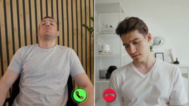 İki birey, dijital ve kişisel etkileşimler arasındaki geçişi gösteren çevrimiçi bir çağrıya katılıyor, değişim sırasında duygularını ve tepkilerini vurguluyorlar..