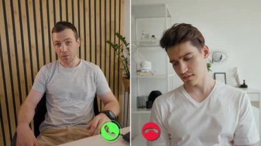 Çevrimiçi etkileşim ve çevrimdışı varlık arasında geçiş yapan iki birey, duygusal anlar sergiliyor. Tepkileri iletişimin karmaşıklığını vurguluyor..