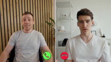 İki birey, duygularını ve düşüncelerini gösteren online bir arama yoluyla etkileşime giriyor. Video sanal iletişimden gerçek hayata geçişi vurguluyor..