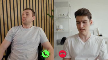 İki birey, farklı duygusal durumlar sergileyerek çevrimiçi bir görüşme yapıyorlar. Sahne, hareketli dinamiklerin altını çizerek, gevşek bir duruştan daha ciddi bir duruşa dönüşür..