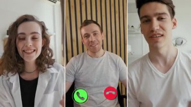 Üç kişi çevrimiçi bir video görüşmesine katılıyor, her biri içgörülerini paylaşıyor ve sohbete dahil oluyor..