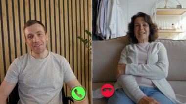İki birey canlı bir çevrimiçi sohbetten zevk alırken bölünmüş ekran formatını kullanıyor. Adam ahşap bir arka planın önünde oturuyor ve kadın rahat bir şekilde kanepeye oturuyor..