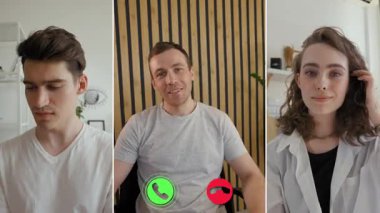 Üç katılımcı, düşüncelerini ve fikirlerini paylaştıkları bir internet görüşmesine katılıyorlar. Ayarlama modern bir arkaplan ve gündelik kıyafet içeriyor, tartışma için rahat bir atmosfer yaratıyor..