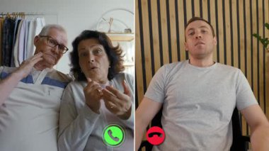 Bölünmüş bir ekran, ebeveynlerin oğluyla bir video görüşmesi yaptıklarını gösteriyor. Oğulları dikkatle dinlerken ebeveynler şaşkınlık ve meraklarını dile getiriyorlar. İletişim evde olur..