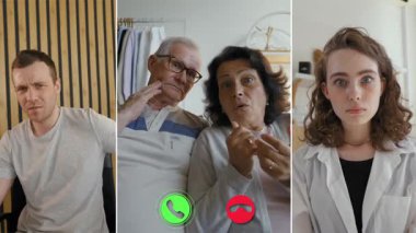 Bölünmüş ekran çevrimiçi görüşmesi sırasında, üç arkadaş şaşırtıcı bir konuyu tartışırken beklenmedik tepkilerini paylaşıyorlar. Gerginlik ve merak yüzlerinde belli oluyor..