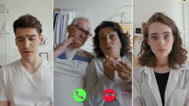 Genç bir adam, daha büyük akrabaları ve bir arkadaşıyla ekranda görüşüyor ve önemli bir konuyu tartışıyor, konuşma sırasında duygularını ve tepkilerini gösteriyor..