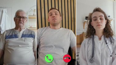 Üç katılımcı çevrimiçi sağlık danışmanlığı yapıyor. Yaşlı bir adam, genç bir yetişkin adam ve bir sağlık uzmanı tıbbi konuları tartışıyor. Ortam rahat ve profesyonel..