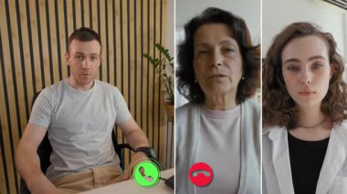 Bölünmüş bir ekranda üç katılımcıyla çevrimiçi bir görüşme gösteriliyor. Her kişi kendi ayarlarında bulunduğu sürece farklı konuları tartışır, uzaktan iletişim göstererek.