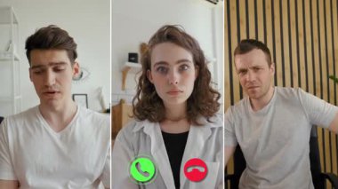 Çevrimiçi bir çağrıya katılan üç kişi düşüncelerini ve duygularını paylaşıyor. İfadeleri, modern bir ortamda dijital iletişimin dinamiklerini yansıtan bağlılık ve merakı gösteriyor..