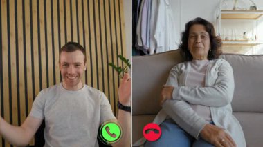 Bölünmüş ekranda iki aile üyesi arasında neşeli bir sohbet gerçekleşiyor. Genç adam rahat bir odada, yaşlı kadın ise evde dinleniyor..