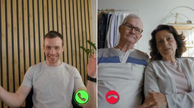 Genç bir adam, yaşlı bir çiftle canlı bir online görüşmeden zevk alıyor, samimi bir ortamda hikayeler ve kahkahalar paylaşıyor. Etkileşim nesiller boyunca sanal bağlantıların neşesini gösteriyor..