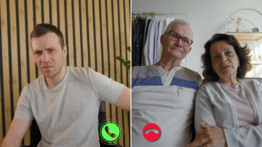 İki insan çevrimiçi ortak bir ekran görüşmesine katılıyor, hikayeler ve kahkahalar paylaşıyorlar. Biri evde genç bir adam, diğeri ise yaşlı bir çift, sıcak ifadeler sergiliyorlar..