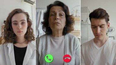 Her biri bir sohbete katılan üç kişi ayrı bir ekran çevrimiçi görüşmesine katılıyor. Kadın diğerlerine ciddi bir şekilde hitap ediyor gibi görünüyor, duygusal dinamikleri vurguluyor..