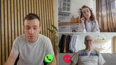 Üç birey çevrimiçi bir görüşme yoluyla etkileşime geçiyor, dinamik bir bölünmüş ekran sergiliyorlar. İkisi evde otururken, üçüncüsü kendine özgü bir mutfak ortamında..