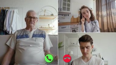 Bu bölünmüş ekran, üç kişinin bir sohbete karıştığı çevrimiçi bir video görüntüsü yakalıyor. Bir adam sakince otururken, diğer ikisi farklı ortamlardan dinleyip düşünceli bir şekilde cevap veriyor..