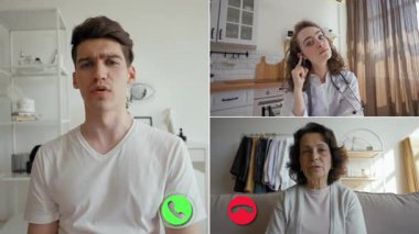 Genç bir adam ve bir kadın, yaşlı bir kadınla önemli bir şeyi tartışarak ekrandan ayrı bir görüşme yapıyorlar. Kurulum, onlar iletişimi korurken, kendi çevrelerini vurguluyor.