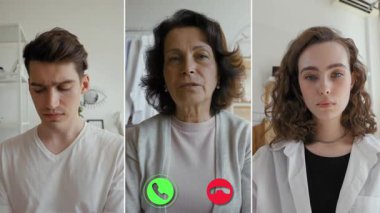 Üç kişi, aile meseleleriyle ilgili ciddi bir tartışma üzerine yoğunlaşarak çevrimiçi ekranda bölünmüş bir görüşme yapıyor. Her katılımcı farklı bir duygusal tepki gösteriyor..