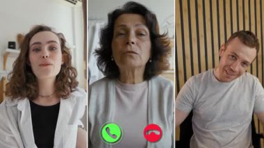 Üç katılımcı ortak bir ekran çevrimiçi görüşmesine bağlanıyor, fikirleri paylaşıyor ve anlamlı diyaloglara giriyorlar. Kurulum, işbirlikçi bir ortamda çeşitli perspektifleri vurguluyor.