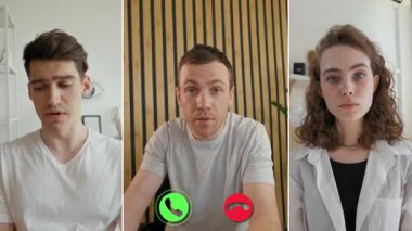 Üç birey, önemli bir konuyu tartışarak ayrı bir ekran görüşmesine girişiyor. Her katılımcı, düşüncelerini rahat bir ortamda paylaşırken odaklanmış ve dikkatli görünüyor..