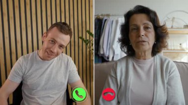 İki birey sanal bir çağrıya katılarak gülümseme ve güncelleme alışverişinde bulunuyor. Bölünmüş ekran günlük kıyafetlerini ve ev ayarlarını gösteriyor, dostça bir etkileşimi vurguluyor.