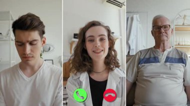 Üç aile üyesi ayrı bir ekran çevrimiçi görüşmesine katılıyor, mesafeye rağmen bir anı paylaşıyorlar. Her birey kendi bağlantısını ve sohbetini gösterir.