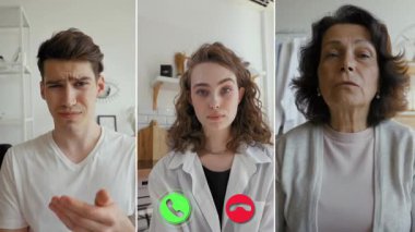 Her biri farklı duyguları ifade eden üç kişi ayrı bir ekran çevrimiçi görüşmesine katılıyor. Bu sanal etkileşim sırasında onların konuşmaları ve tepkileri üzerinde duruluyor..