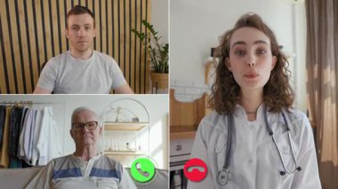 Bir doktor çevrimiçi bir görüşme sırasında iki hastaya uzaktan sağlık danışmanlığı yapar. Oturumda profesyonel bir atmosfer sağlanırken tıbbi kaygılar ele alınıyor.