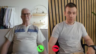 İki birey çevrimiçi bir çağrıya katılıyor, mesafeler arasında köprü kuruyor ve iletişimi geliştiriyor. Yaşlı adam kanepede rahatça otururken genç adam modern ortama odaklanıyor..