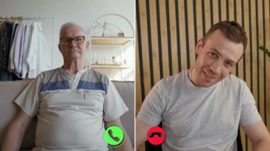 İki katılımcı çevrimiçi bir video görüşmesi yapıyor, bölünmüş bir ekran sergiliyorlar. Bir kişi kanepede otururken, diğeri iyi aydınlatılmış bir yerde oturuyor. Konuşma canlı ve ilgi çekici görünüyor..