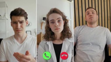 Her biri ayrı bir bölümde gösterilen çevrimiçi bir video görüşmesine üç kişi katılıyor. Yüz ifadeleri, derin bir tartışmayı işaret eden çeşitli duyguları yansıtıyor..