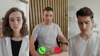 Üç kişi çevrimiçi bir sohbete girişiyor, ekran bölünmesi sırasında ifadelerini ve tepkilerini sergiliyorlar..