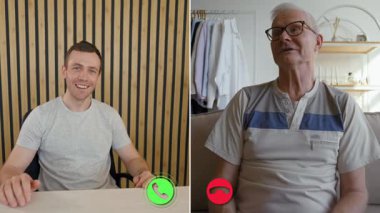 Genç bir adam ve yaşlı bir adam çevrimiçi bir telefon aracılığıyla iletişim kuruyor, görüşlerini ve deneyimlerini paylaşıyorlar. Ayarlar, etkileşimlerini geliştiren basit dekorlu modern bir arkaplan içeriyor..