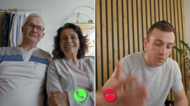 İki aile üyesi online bir çağrıya katılarak, samimi oturma odalarından gülümsemelerini ve sohbetlerini paylaştılar. Bu arada, başka bir kişi diğer ekrana bağlanır, aradaki mesafeyi kapatır.