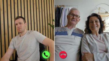 Bu bölünmüş ekran genç bir adamla yaşlı bir çift arasında modern zamanlarda aile bağlarının korunmasında teknolojinin önemini vurgulayan sanal bir konuşma gösteriyor..