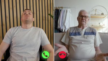 İki birey, düşüncelerini ve deneyimlerini paylaşarak ekranlarını ayırıyorlar. Biri günlük giysiler içinde genç bir adam, diğeri ise rahat bir ortamda yaşlı bir adam..