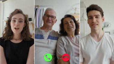 Genç bir kadın, ebeveynleri ve erkek kardeşiyle çevrimiçi bir görüşme yoluyla iletişim kuruyor. Sosyal uzaklık süresince aile birliği ve destek anlarını yansıtıyor..