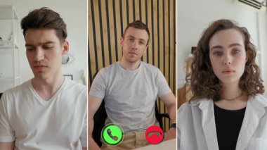 Üç kişi, düşüncelerini tartışan bir ekran çevrimiçi görüşmesine katılıyor. Her kişi odaklanmış ve meşgul görünüyor. Konuşmaya kendi mekanlarından katkı sağlıyor..