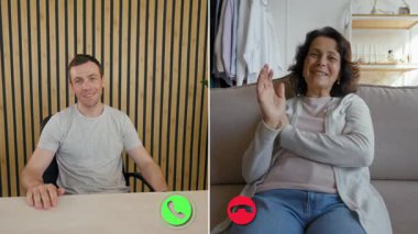 Çevrimiçi bir video görüşmesi sırasında farklı yerlerden ilgi konularını tartışan iki kişi bölünmüş bir ekranda görülüyor..