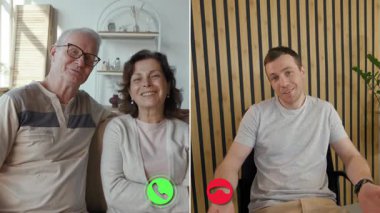 Çevrimiçi bir görüşme sırasında iki aile üyesi ekranda bir araya gelir, gülümsemelerini paylaşır ve sohbet ederler. Mekan parlak ve misafirperver, sıcak bir atmosfer yaratıyor..